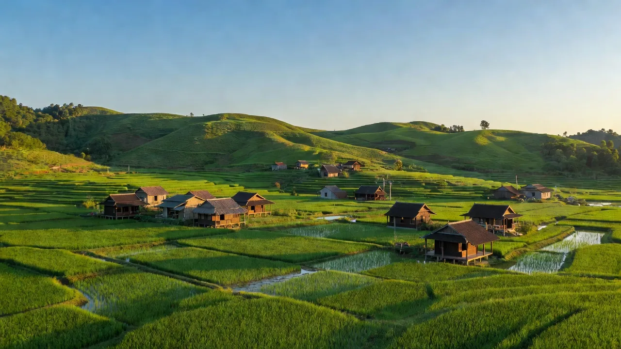 Khung cảnh xã Thanh Quả, huyện Thanh Chương với các cánh đồng xanh và nhà truyền thống.