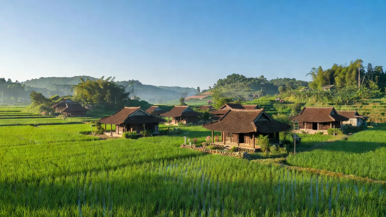 Khung cảnh Xã Thanh Quả, huyện Thanh Chương với cánh đồng xanh và nhà truyền thống, Nghệ An.
