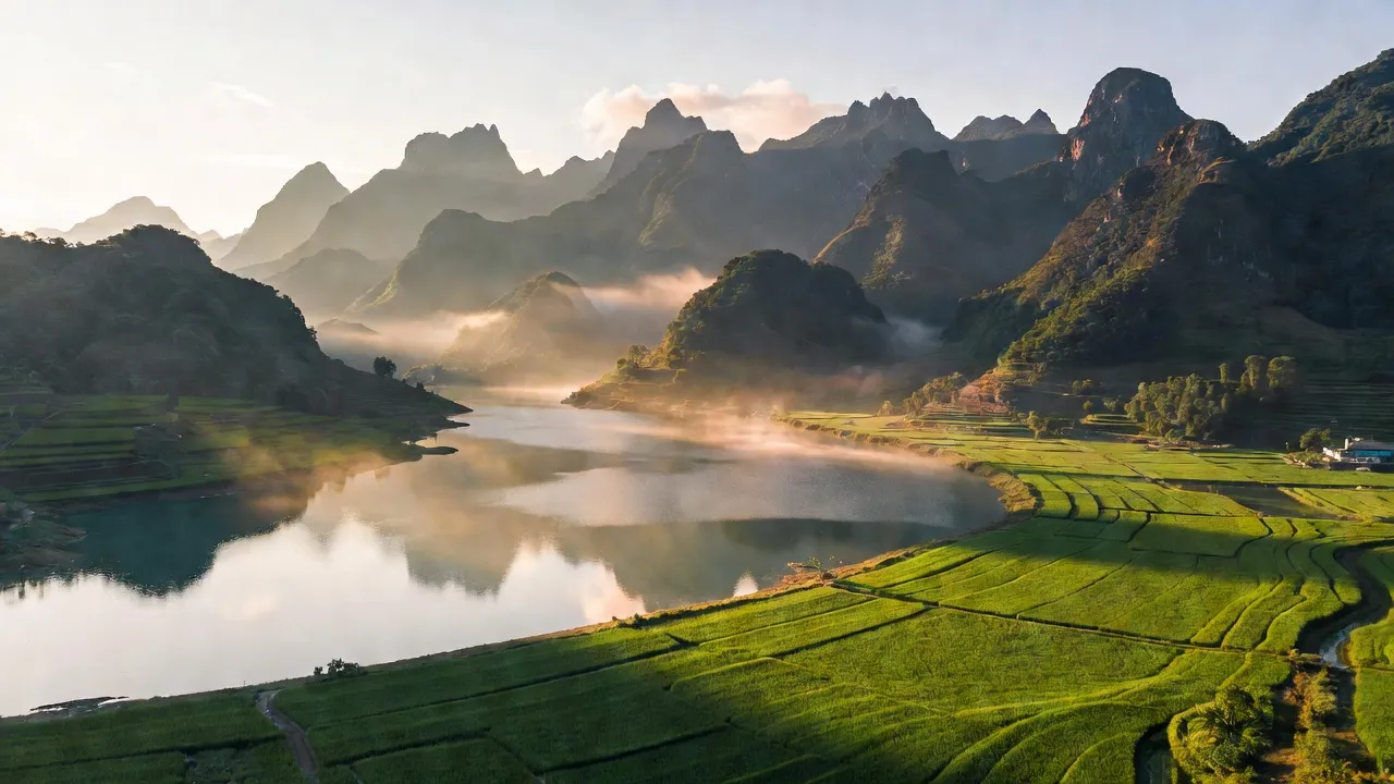Cảnh núi non hùng vĩ xã Hữu Khuông, huyện Tương Dương, tỉnh Nghệ An, lòng hồ Bản Vẽ và cánh đồng xanh.