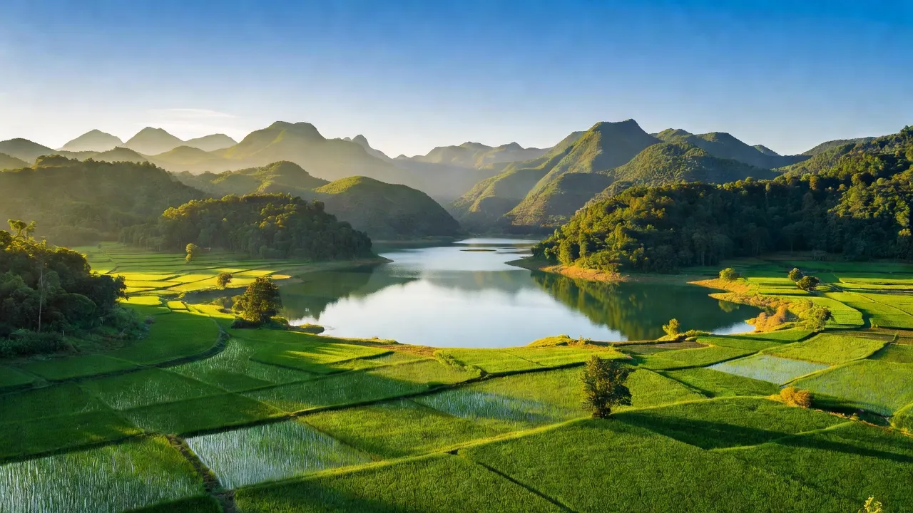 Khung cảnh xã Hữu Khuông, Tương Dương, Nghệ An với núi non, ruộng đồng và lòng hồ thủy điện.