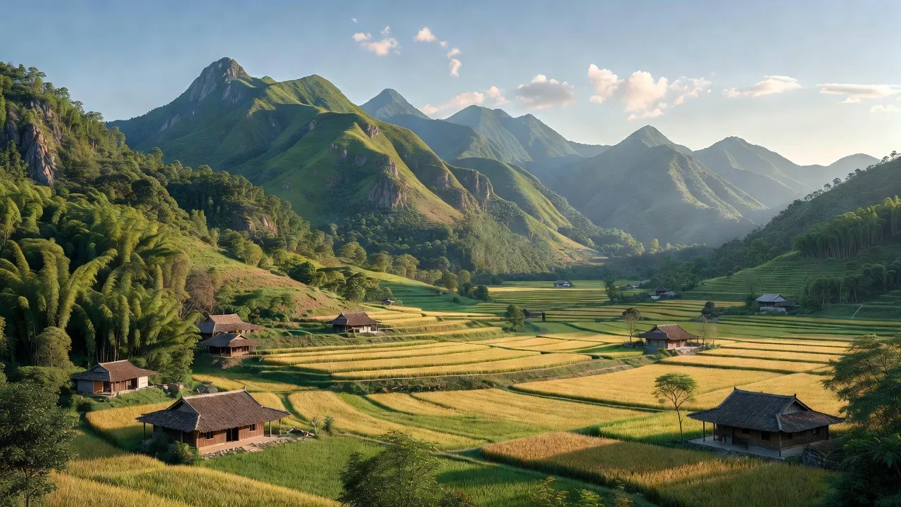 Phong cảnh xã Lưu Kiền, huyện Tương Dương, Nghệ An với núi non và cánh đồng xanh tươi.