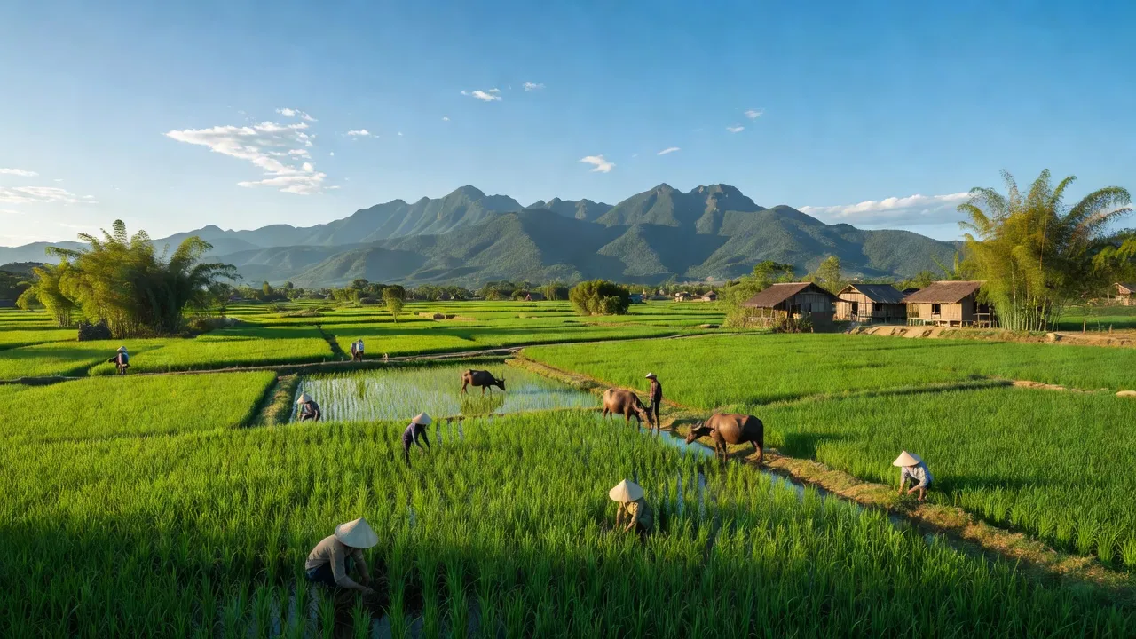 Cảnh quan xã Mai Sơn, huyện Tương Dương, Nghệ An với ruộng xanh và núi non hùng vĩ.