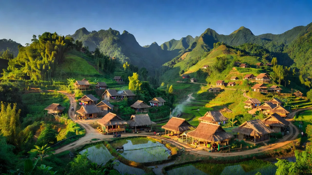 Khung cảnh xanh tươi của xã Nga My, huyện Tương Dương, Nghệ An với núi non và nhà truyền thống.
