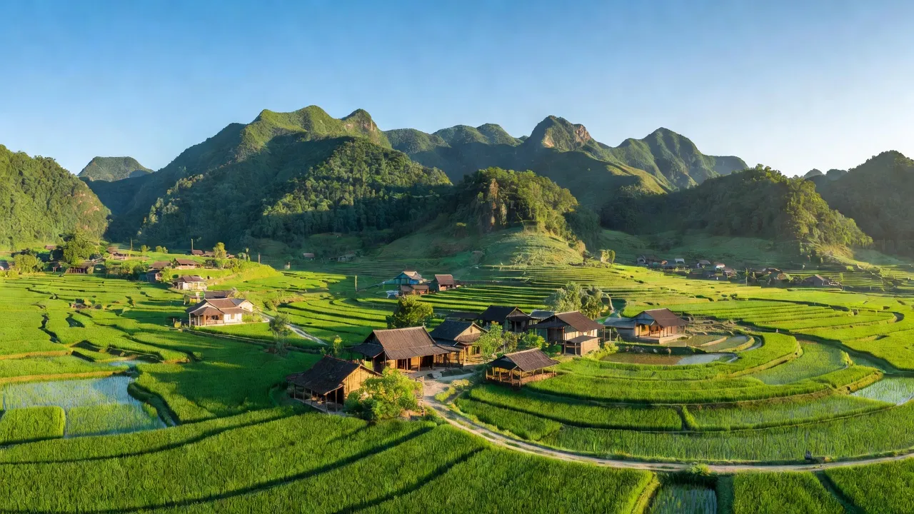 Khung cảnh xã Nhôn Mai, Tương Dương, Nghệ An với núi xanh và nhà truyền thống, thể hiện vẻ đẹp tự nhiên.