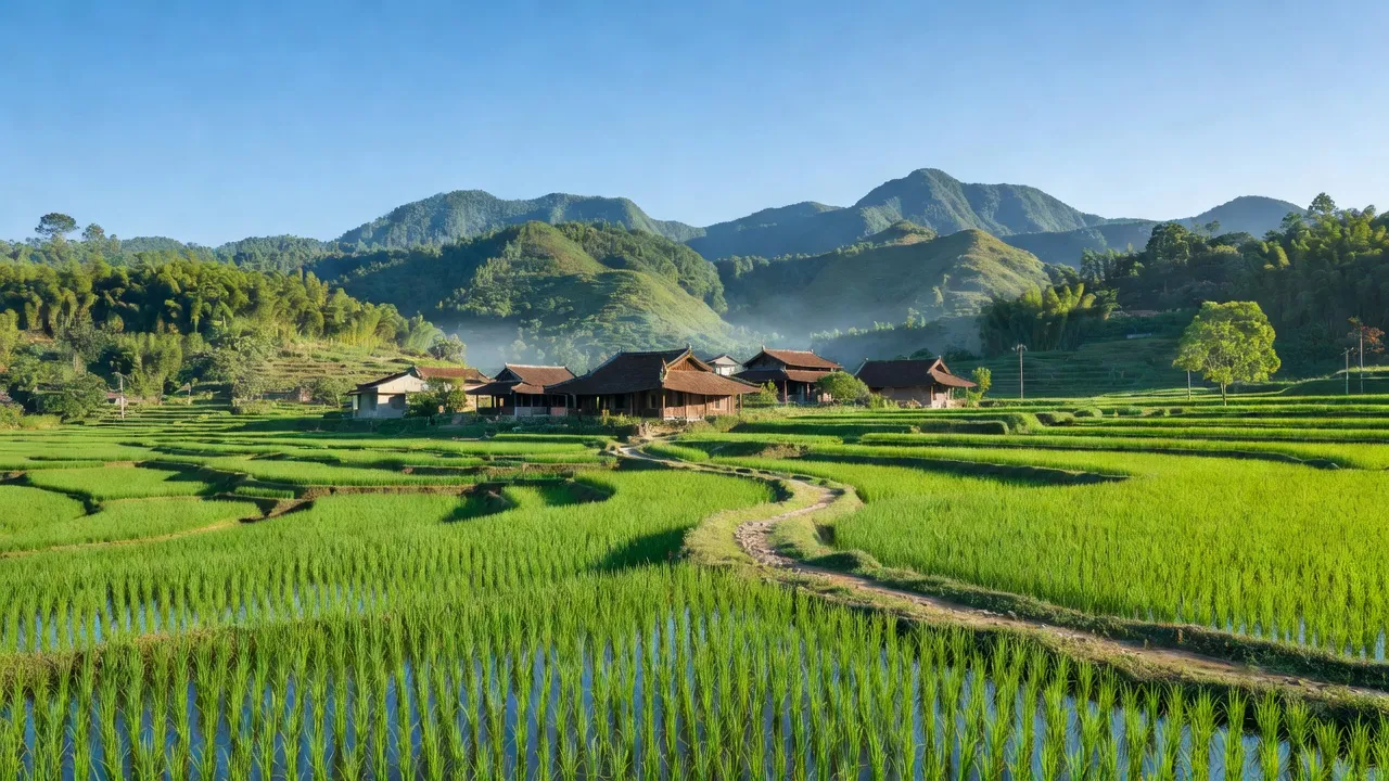 Phong cảnh xã Nhôn Mai, huyện Tương Dương, tỉnh Nghệ An với núi non xanh và ruộng bậc thang.