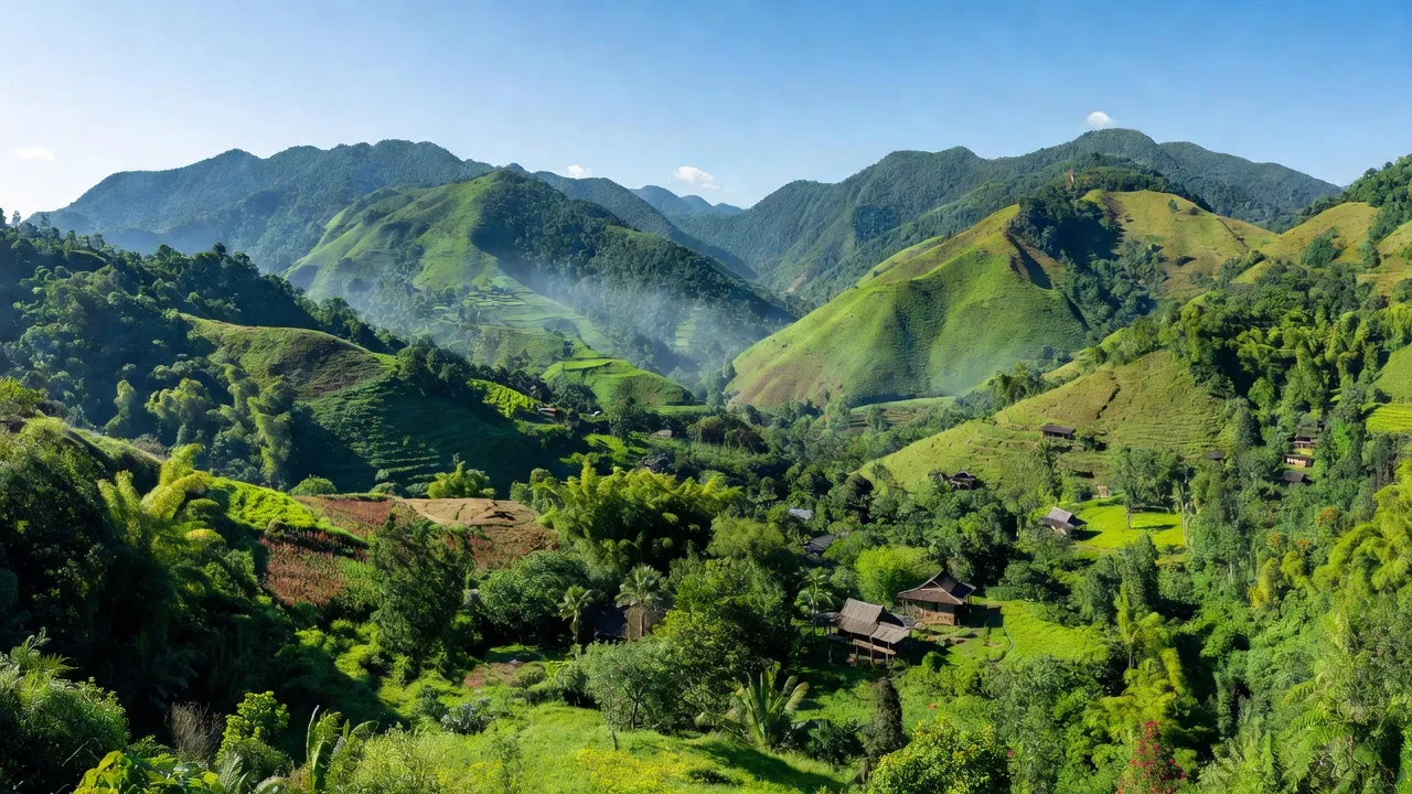 Chính diện xã Tam Hợp, huyện Tương Dương, Nghệ An với cảnh quan núi non và biên giới Lào.