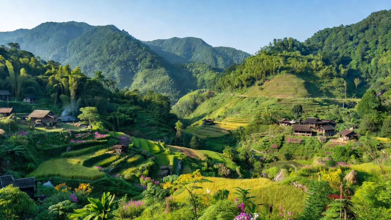 Xã Tam Hợp, huyện Tương Dương, Nghệ An, với núi non xanh tươi và cảnh đẹp thiên nhiên.