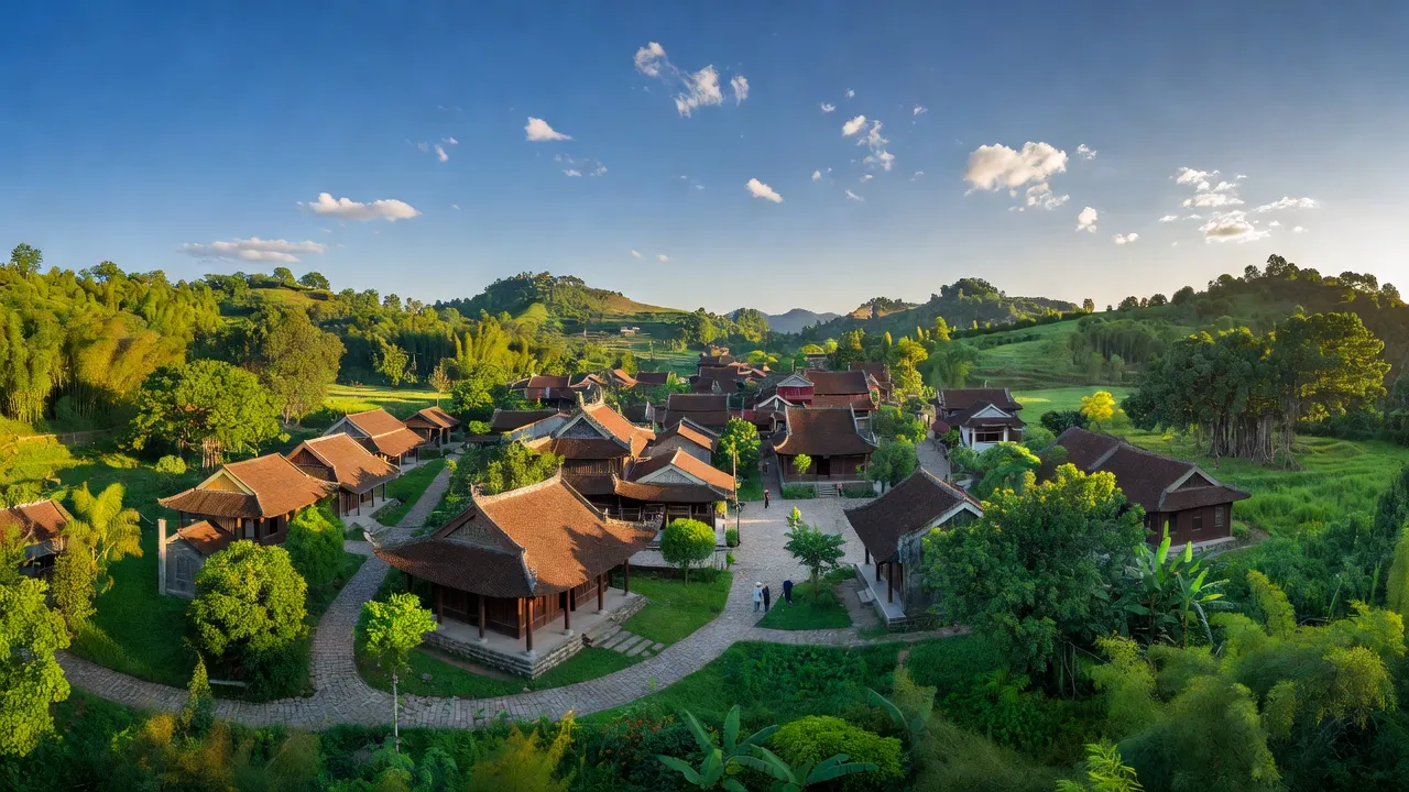 Thạch Giám town in Tương Dương, Nghệ An, surrounded by green hills and blue sky.