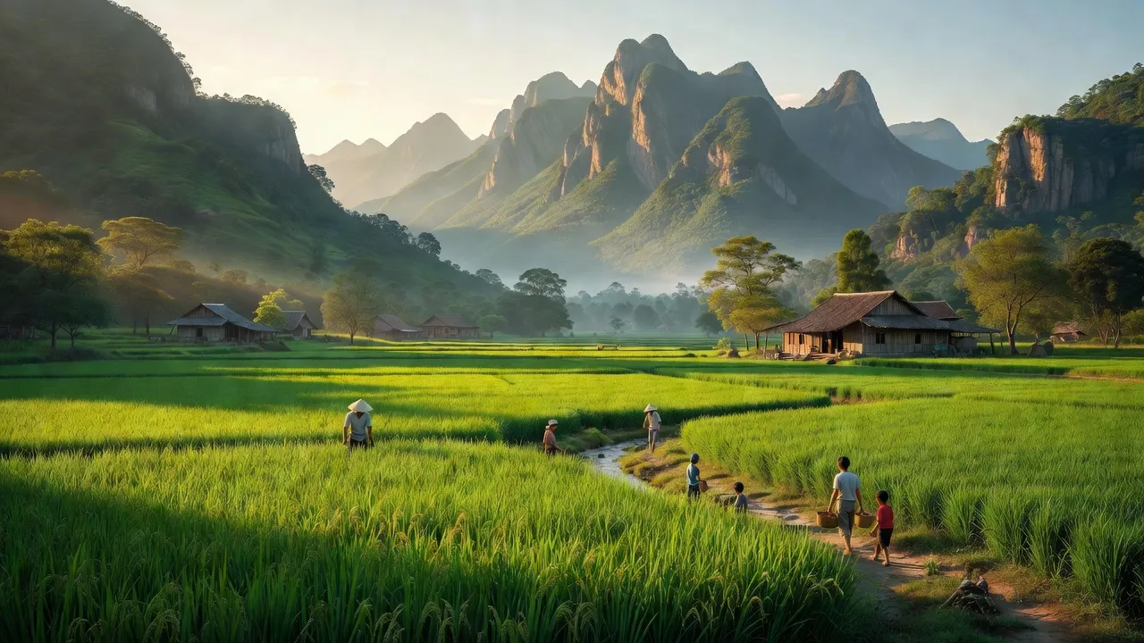 Cảnh quan xã Xá Lượng, huyện Tương Dương, Nghệ An với núi non xanh và cánh đồng rộng lớn.