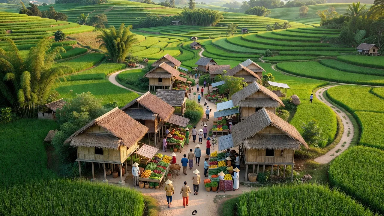 Cảnh đẹp xã Xiêng My, huyện Tương Dương, tỉnh Nghệ An, bao gồm nhà truyền thống và cảnh sắc xanh tươi.