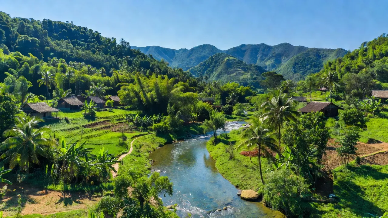 Quang cảnh xã Yên Hòa, huyện Tương Dương, tỉnh Nghệ An với núi rừng xanh tươi và dòng sông.