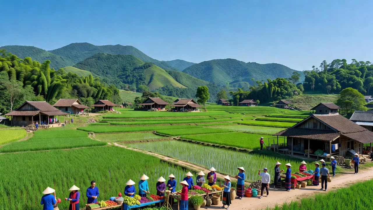 Cảnh đẹp xã Yên Na, huyện Tương Dương, tỉnh Nghệ An với núi non xanh và nhà truyền thống.
