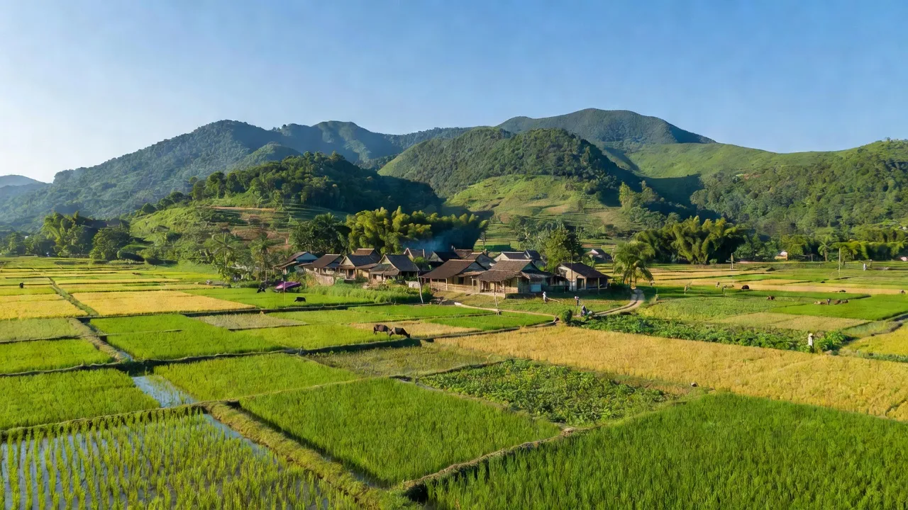Khung cảnh xã Yên Na, huyện Tương Dương, tỉnh Nghệ An với núi non xanh tươi và ruộng đồng.