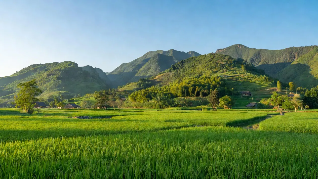 Cảnh đẹp tại xã Yên Thắng, huyện Tương Dương, Nghệ An với đồi núi xanh và cánh đồng rộng lớn.