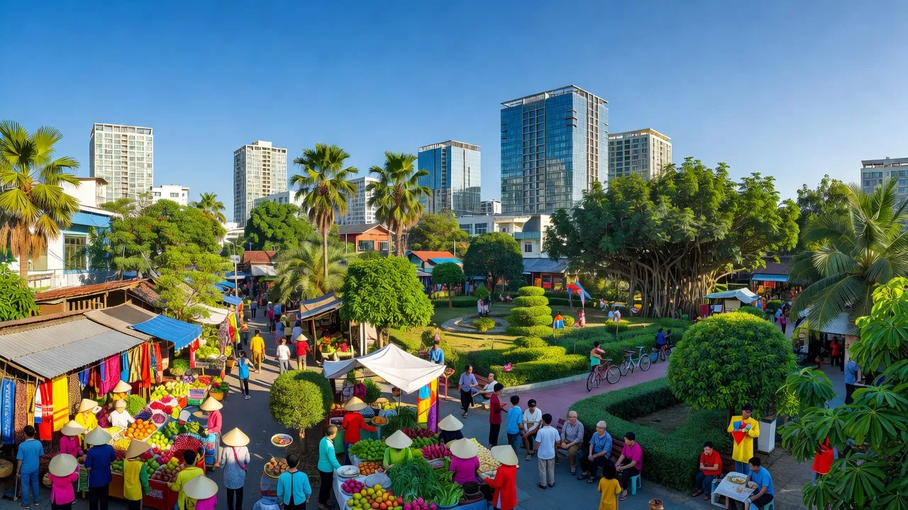 Thành phố Vinh, Nghệ An với cảnh quan đô thị và thị trường nhộn nhịp dưới bầu trời nắng.