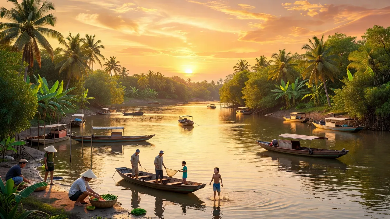 Bến Thủy, Thành phố Vinh, Nghệ An với cảnh sông Lam, cây xanh và hoạt động hằng ngày.