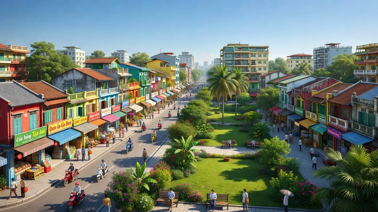 Phường Đông Vĩnh ở Thành phố Vinh, Nghệ An với cảnh đường phố và khu vực dân cư nhộn nhịp.