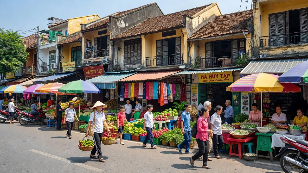 Cảnh sinh hoạt sôi động tại phường Hà Huy Tập, Thành phố Vinh, tỉnh Nghệ An, với chợ và kiến trúc truyền thống.