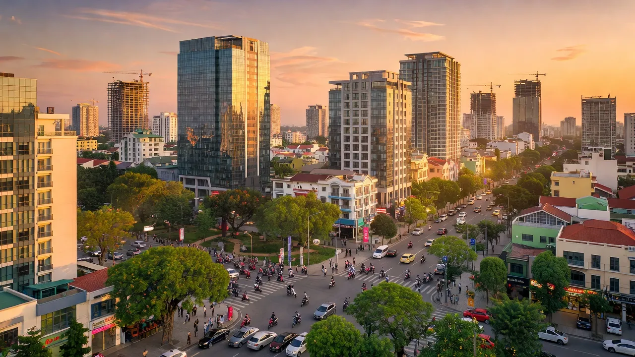 Khung cảnh Phường Hưng Dũng, Thành phố Vinh, Nghệ An với tòa nhà hiện đại và cây cối.