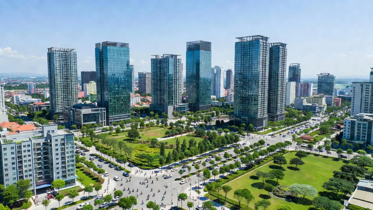 Cảnh quan Phường Hưng Phúc, Thành phố Vinh, quy hoạch đô thị với cây xanh và tòa nhà hiện đại.
