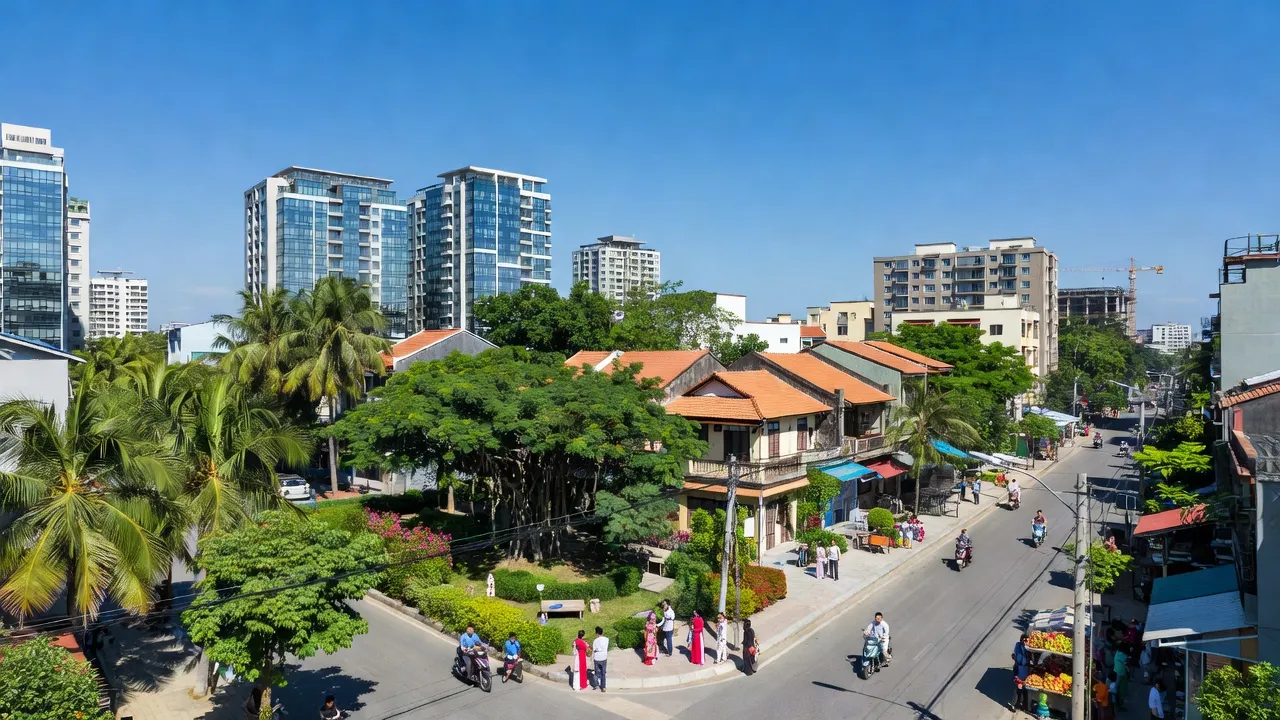 Khung cảnh Phường Nghi Đức, Thành phố Vinh, Nghệ An với kiến trúc hiện đại và thiên nhiên xanh mát.
