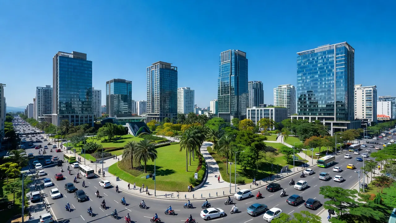 Khu vực Nghi Hải, Thành phố Vinh, tỉnh Nghệ An với kiến trúc hiện đại, không gian xanh, và đường phố nhộn nhịp.