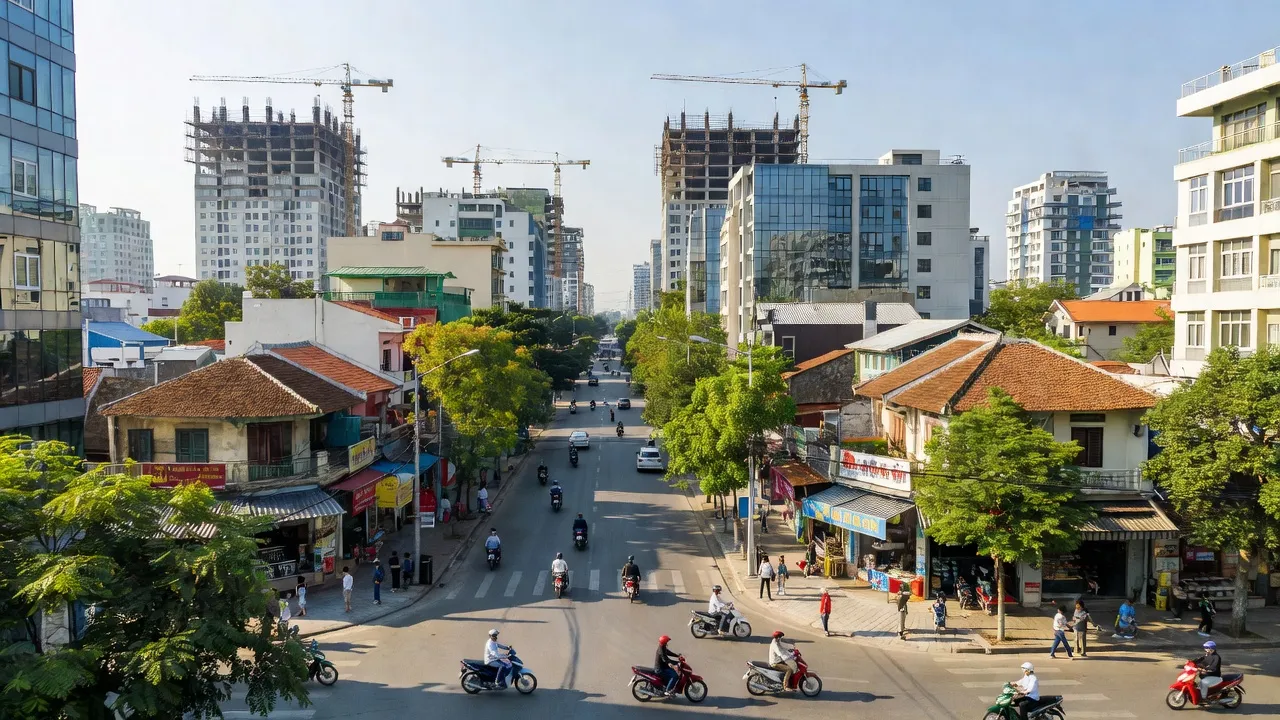 Khung cảnh phường Nghi Hòa, Thành phố Vinh với cây xanh và nhà cửa, vị trí thuận lợi trong đô thị.