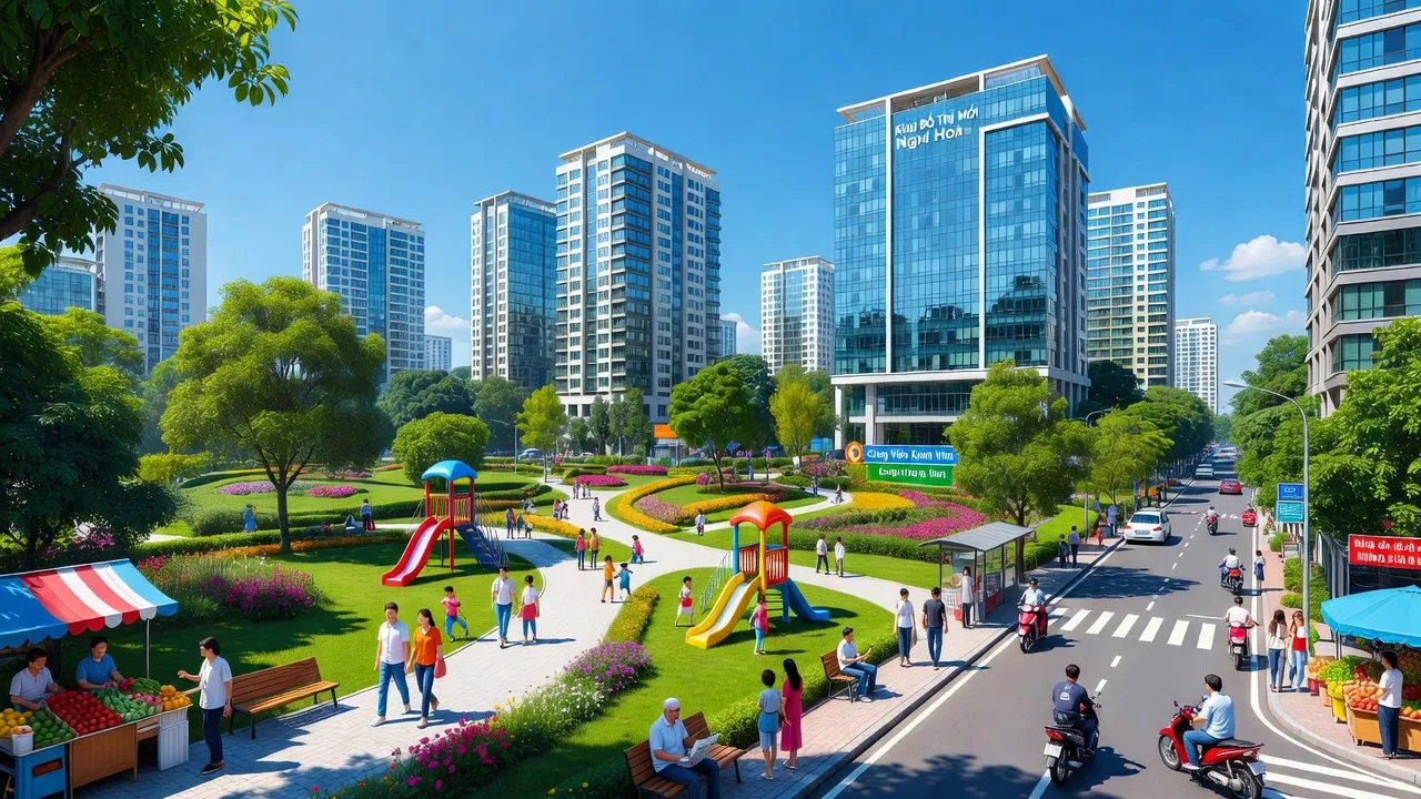 Phường Nghi Hòa, Thành phố Vinh, tỉnh Nghệ An với hoạt động đô thị nhộn nhịp và công viên xanh.