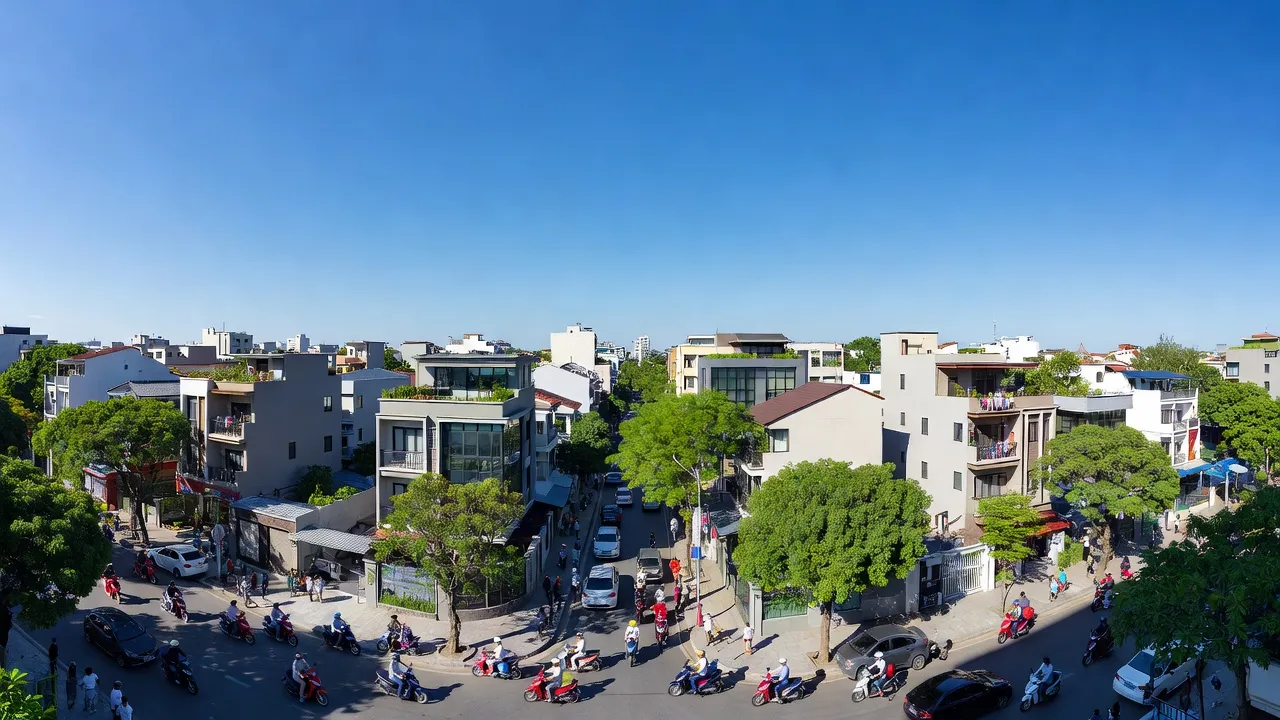 Khung cảnh phường Nghi Hương, Thành phố Vinh, Nghệ An, nổi bật với nhà cửa hiện đại và không khí sôi động.