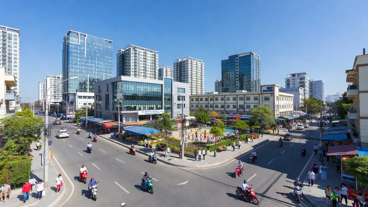 Phường Nghi Phú, thành phố Vinh, Nghệ An với cơ sở hạ tầng hiện đại và bầu trời trong xanh.