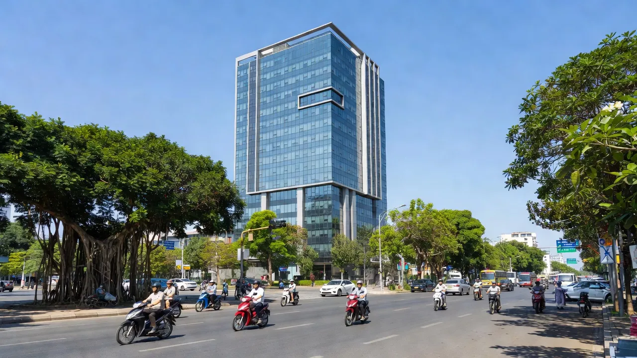 Cảnh quan phường Nghi Tân, Thành phố Vinh với kiến trúc hiện đại, cây xanh và bầu trời trong sáng.