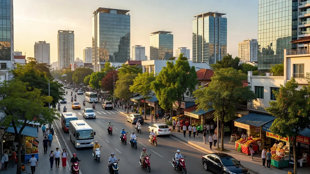 Cảnh quan đô thị hiện đại Phường Quán Bàu, Thành phố Vinh, với cây xanh và tòa nhà cao tầng.