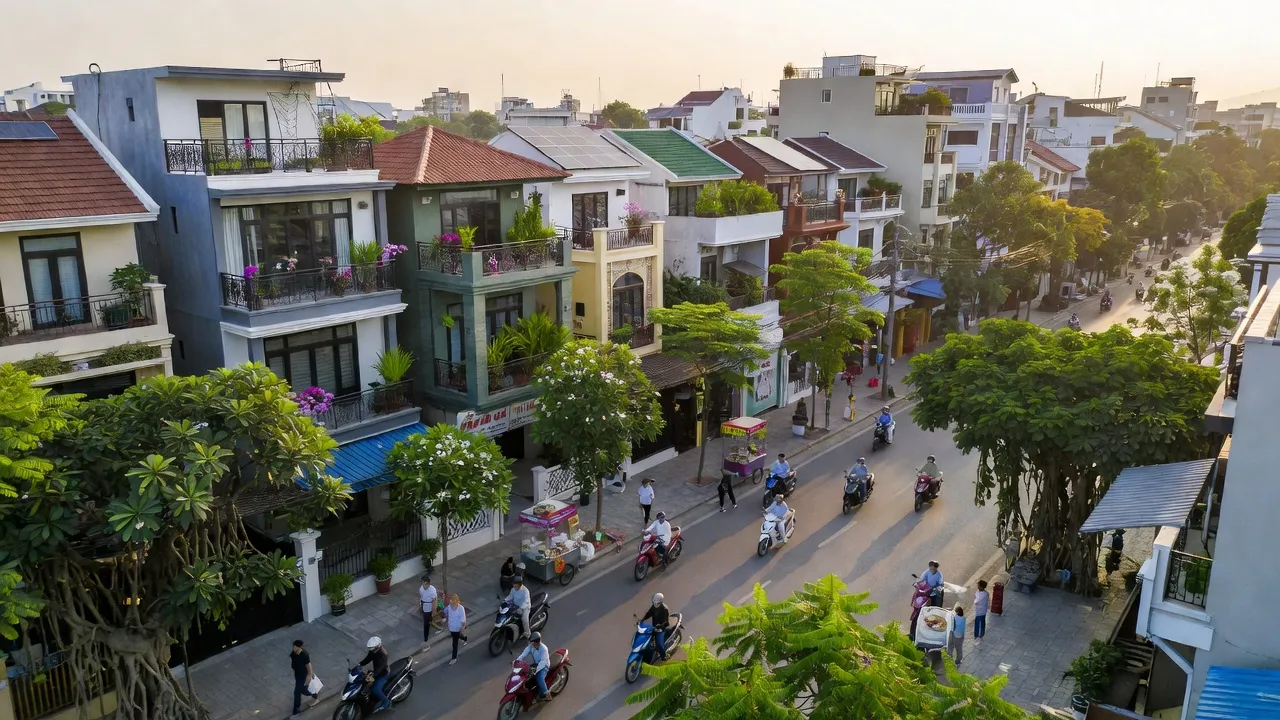 Phường Quán Bàu, Thành phố Vinh, Nghệ An, khu đô thị hiện đại với cây xanh và phố xá sôi động.