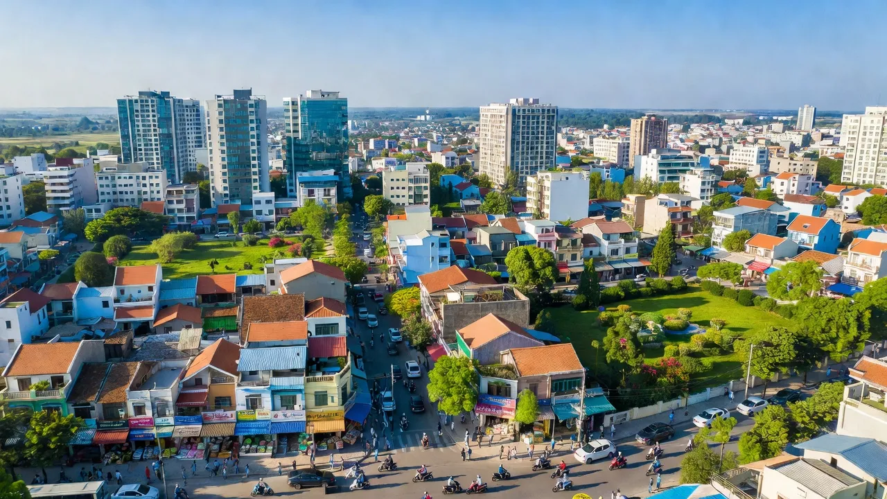 Quang Trung ward, Vinh city, Nghệ An with bustling urban life, sunny weather and green areas.