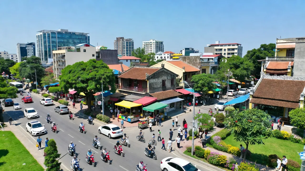 Khung cảnh phường Trung Đô, Thành phố Vinh với cây xanh, giao thông nhộn nhịp và kiến trúc truyền thống.