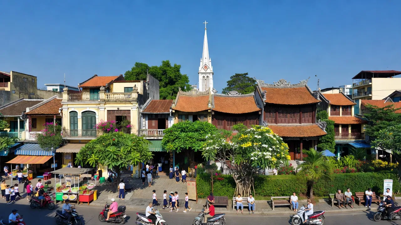 Khung cảnh sống động tại Phường Trường Thi, Thành phố Vinh với đường phố nhộn nhịp và cây xanh.