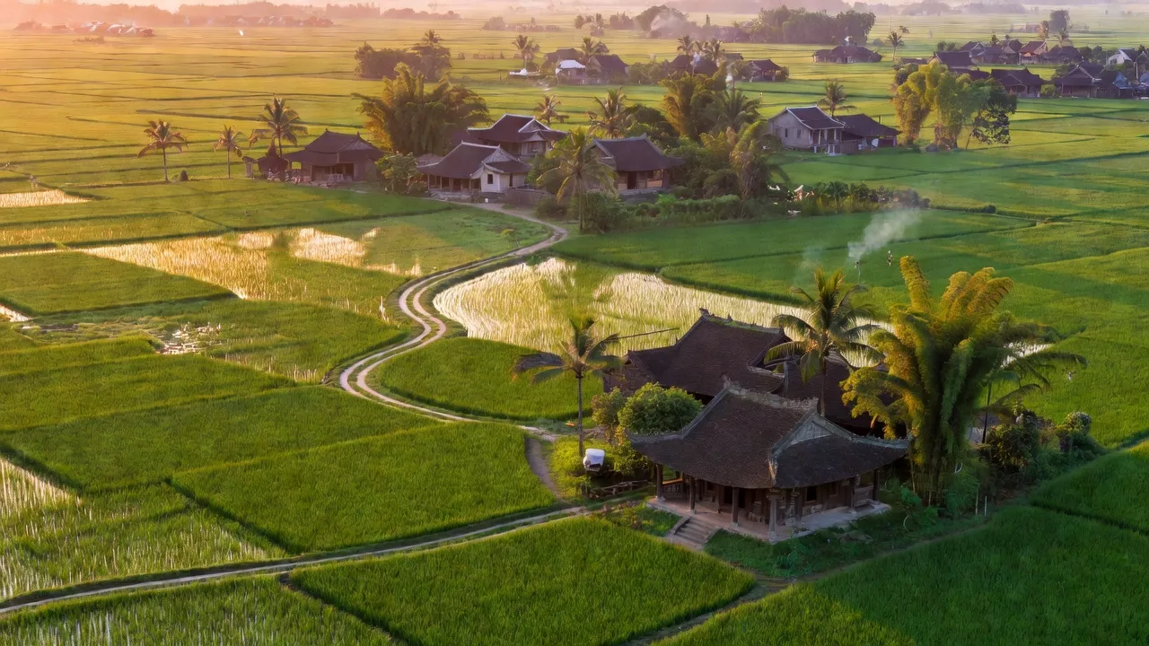 Cảnh đẹp huyện Yên Thành, Nghệ An với cánh đồng xanh mướt và kiến trúc truyền thống Việt Nam.