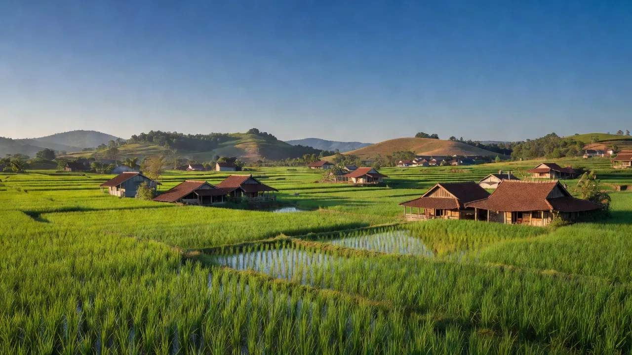 Khung cảnh Yên Thành, Nghệ An với cánh đồng xanh và những ngôi nhà truyền thống Việt Nam.