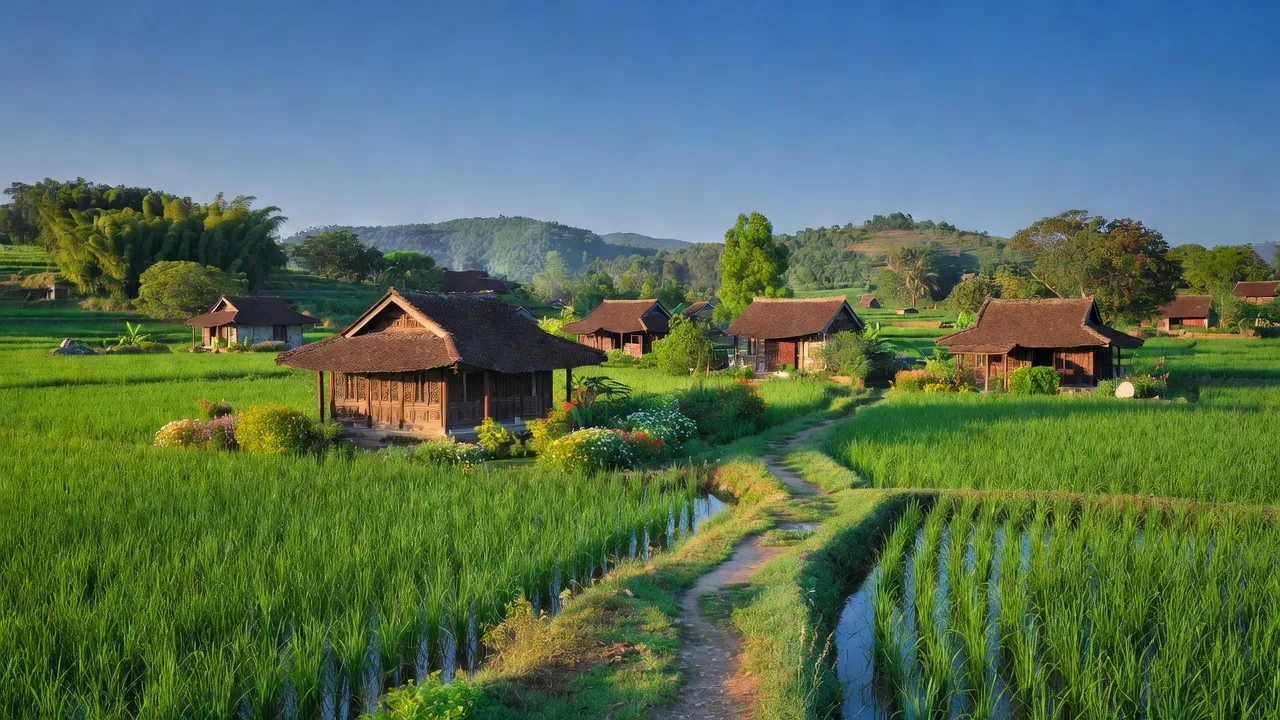 Phong cảnh xanh tươi xã Bảo Thành, huyện Yên Thành, tỉnh Nghệ An, Việt Nam, với nhà truyền thống.