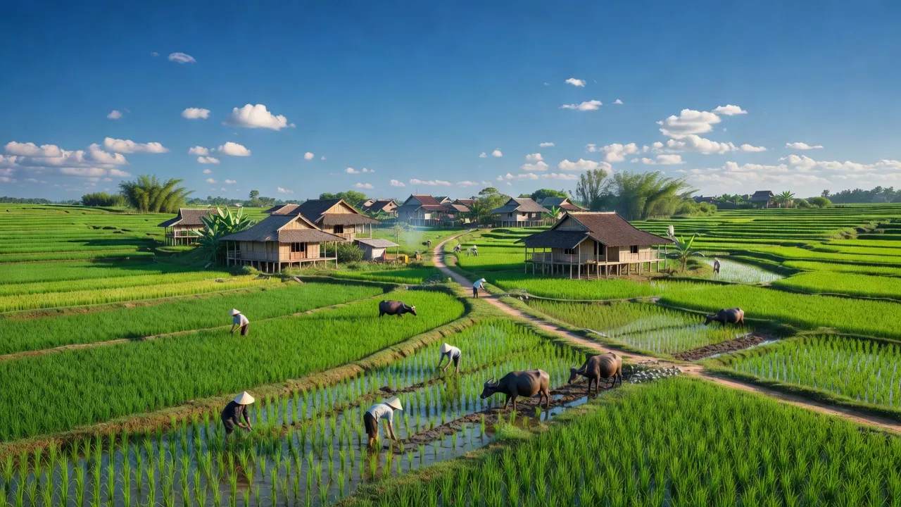 Cảnh đẹp làng Đô Thành, huyện Yên Thành, tỉnh Nghệ An với cánh đồng xanh và đời sống nông thôn.