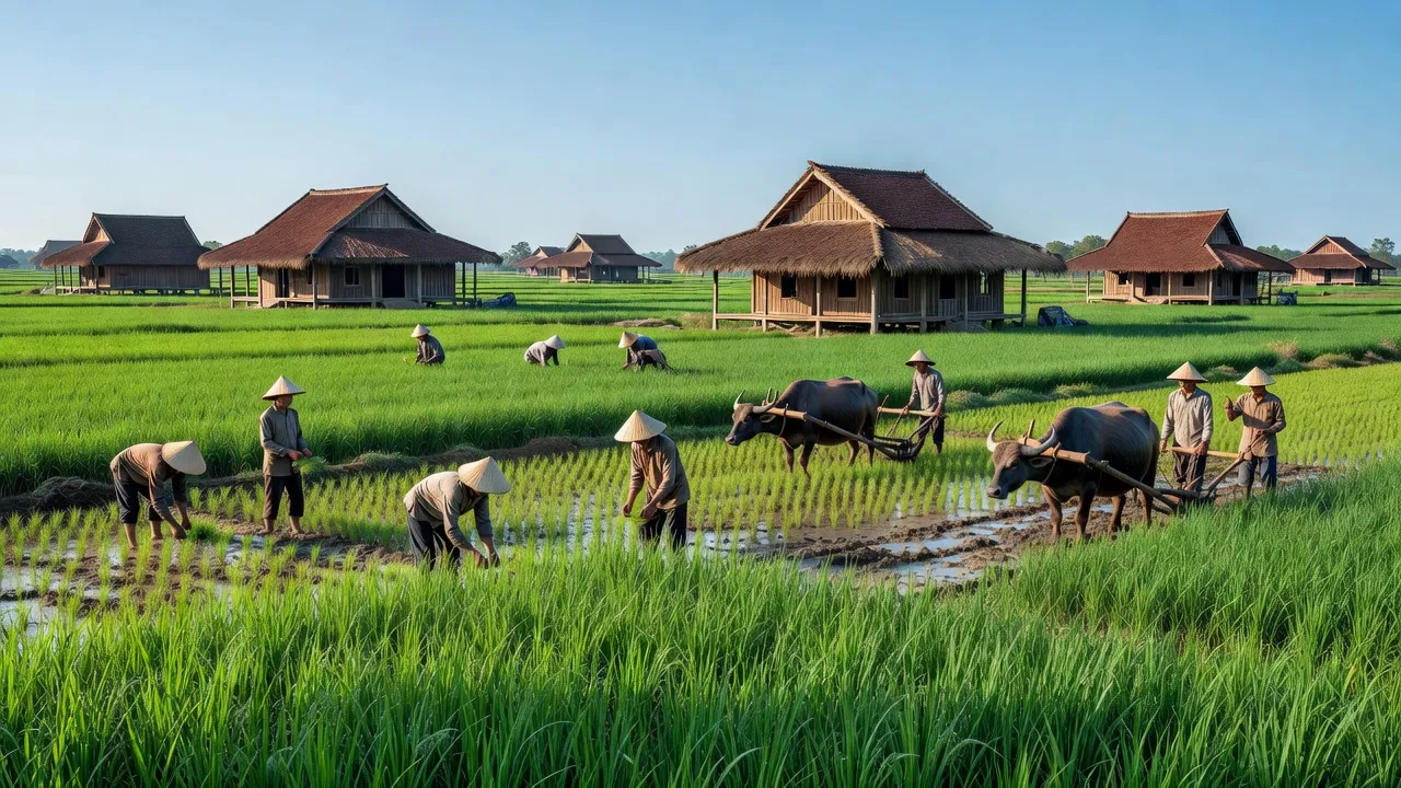 Khung cảnh đồng quê Đô Thành, Yên Thành, Nghệ An với ruộng xanh và cuộc sống người dân.