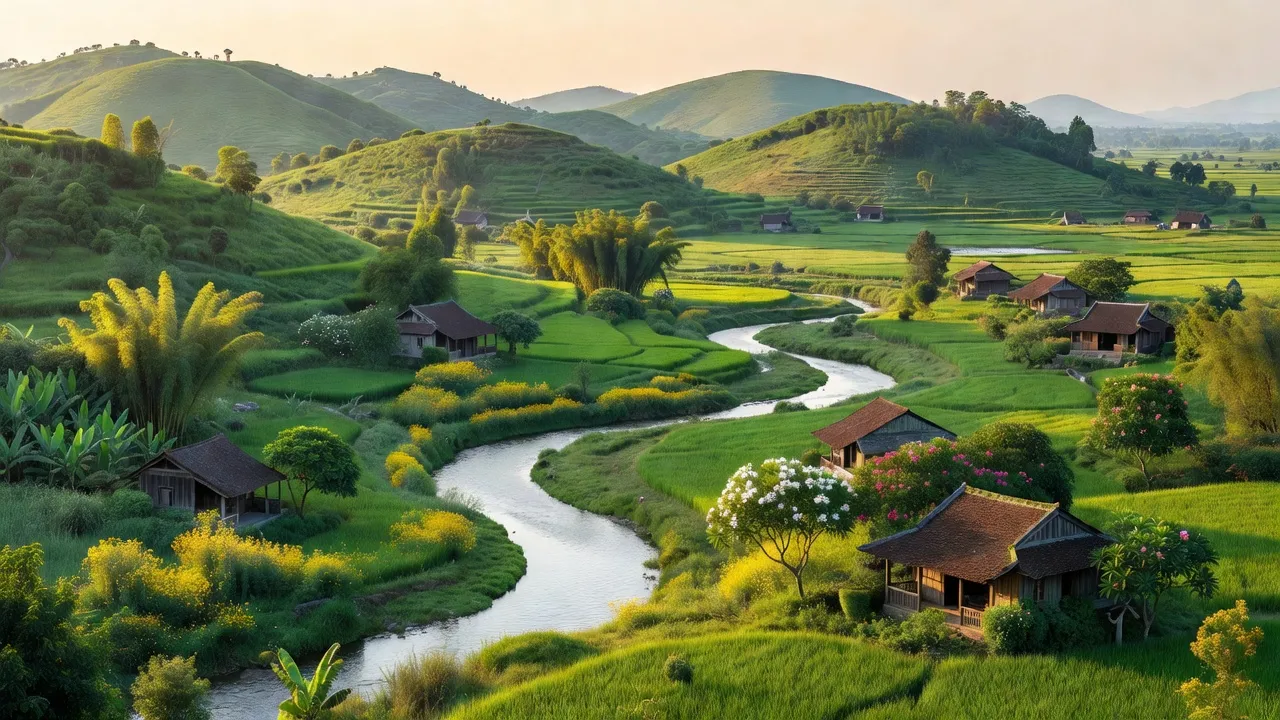 Cảnh sắc thiên nhiên xã Đồng Thành, huyện Yên Thành, Nghệ An với đồi xanh và suối chảy.
