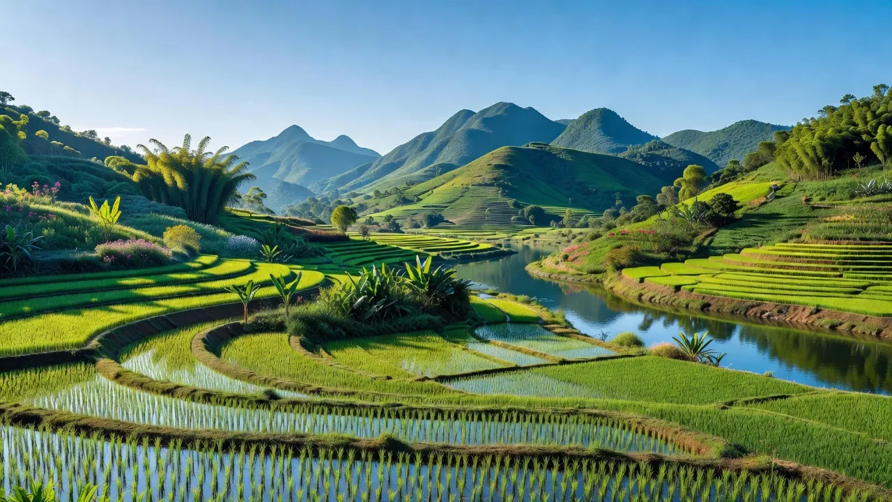 Phong cảnh xã Đồng Thành, huyện Yên Thành, Nghệ An với đồi núi xanh và hồ nước yên bình.