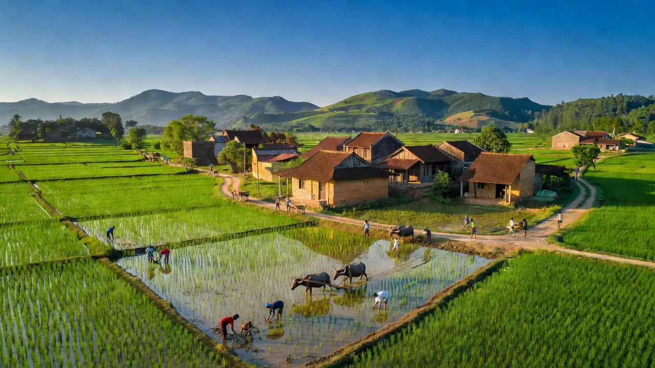 Cảnh đẹp xã Đức Thành huyện Yên Thành Nghệ An với ruộng xanh và nhà truyền thống.