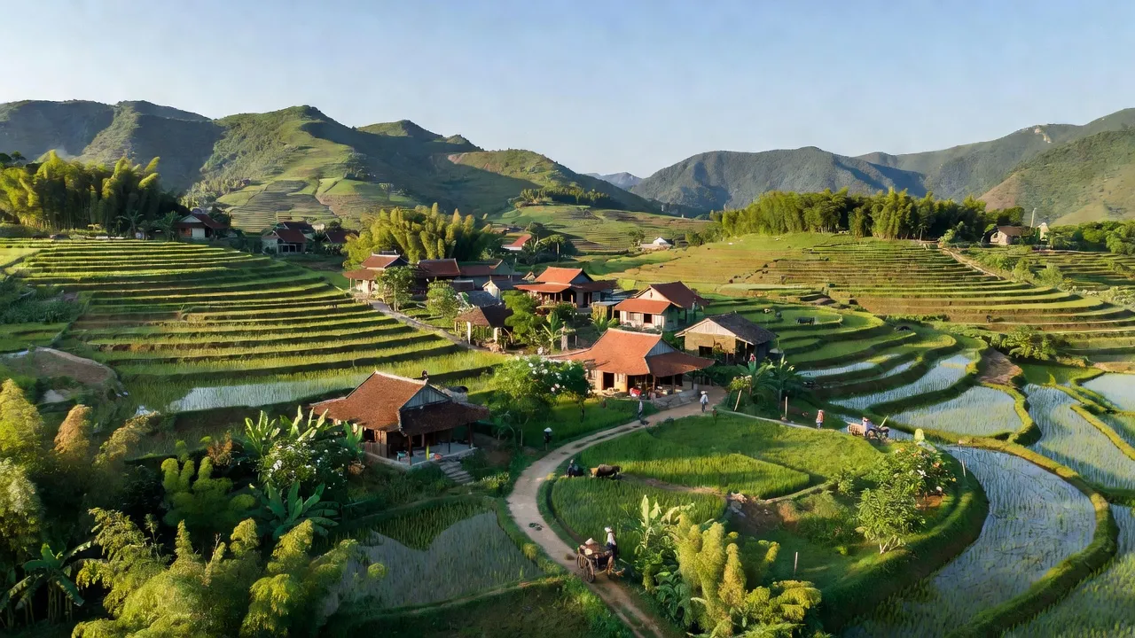 Toàn cảnh xã Đức Thành, huyện Yên Thành, tỉnh Nghệ An với cảnh quan nông thôn đẹp và nhà truyền thống.