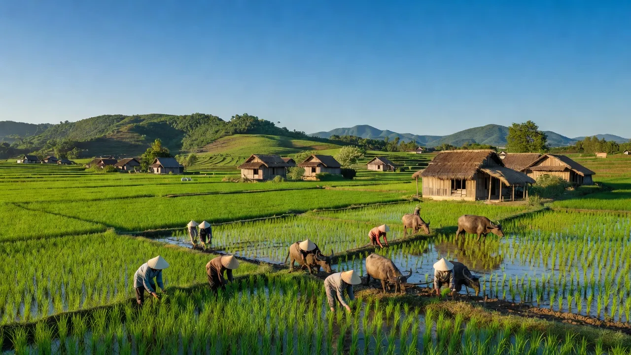 Cánh đồng xanh tươi và nhà truyền thống tại xã Hậu Thành, huyện Yên Thành, tỉnh Nghệ An.