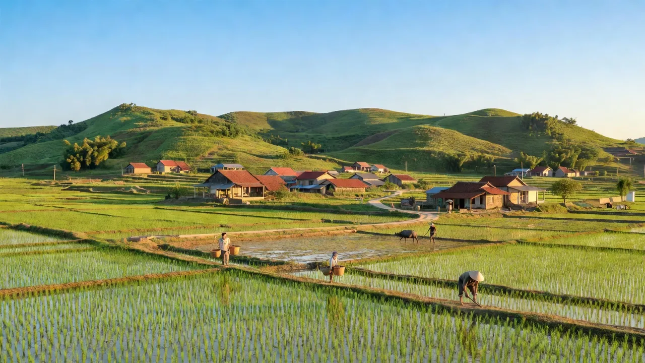 Thị trấn Hoa Thành, huyện Yên Thành với cánh đồng xanh và ngọn đồi, thể hiện cảnh quan Việt Nam.