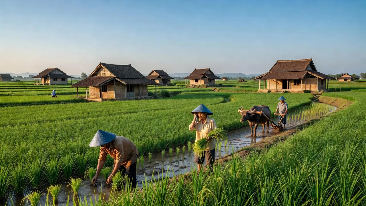 Cảnh quan xã Kim Thành, huyện Yên Thành, tỉnh Nghệ An với cánh đồng xanh và nhà truyền thống.