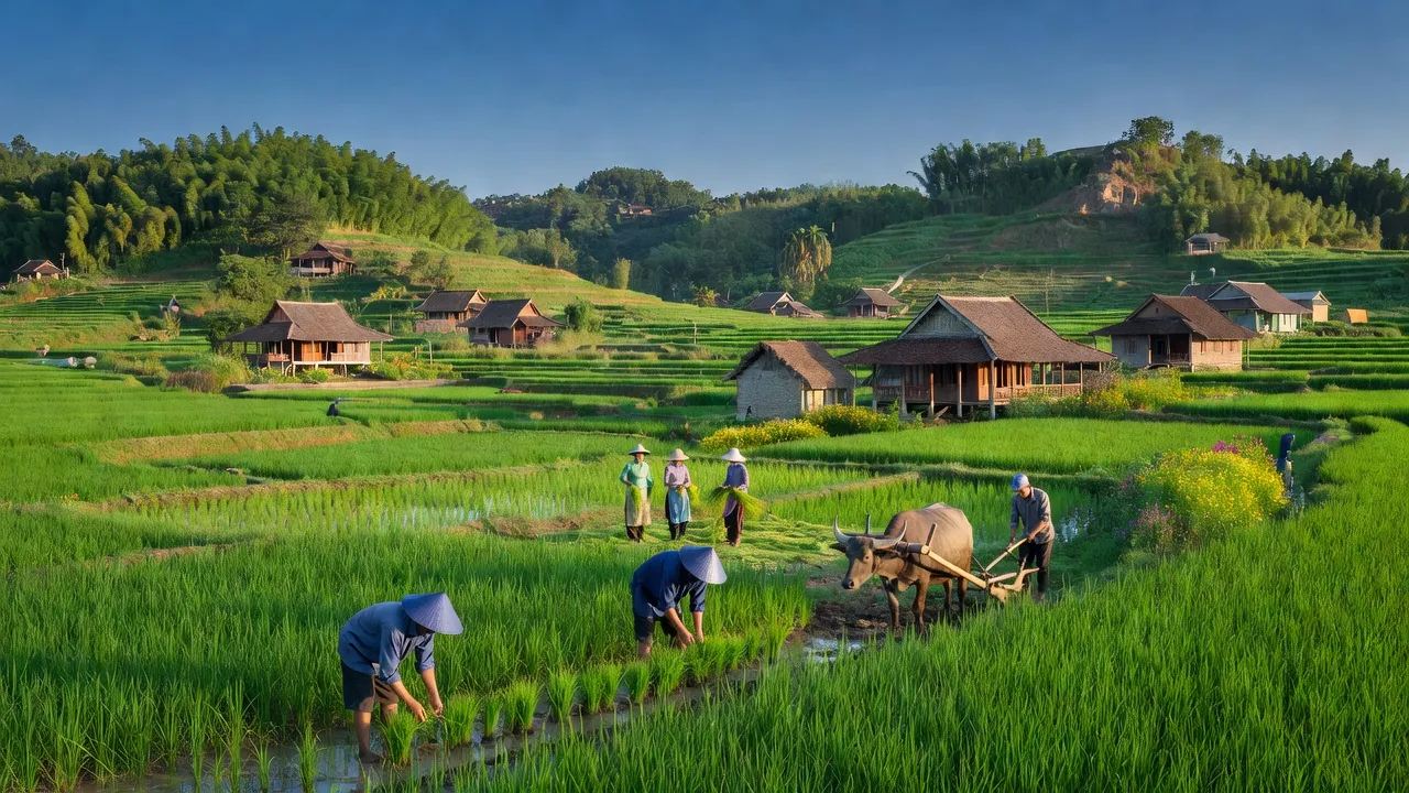 Cảnh đẹp xã Lăng Thành, huyện Yên Thành, Nghệ An với cánh đồng xanh thiên nhiên và nhà truyền thống.