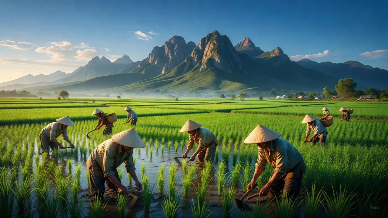 Cánh đồng xanh tại xã Lăng Thành, Yên Thành, Nghệ An với người nông dân đang làm ruộng.